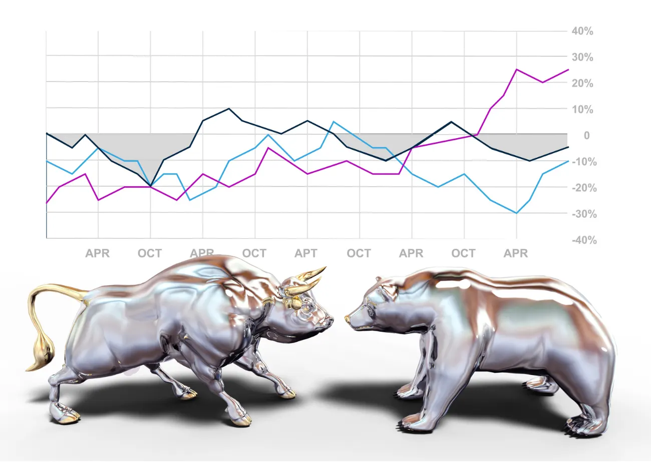 Retiree reviewing a retirement income plan while a stock market chart shows a declining trend